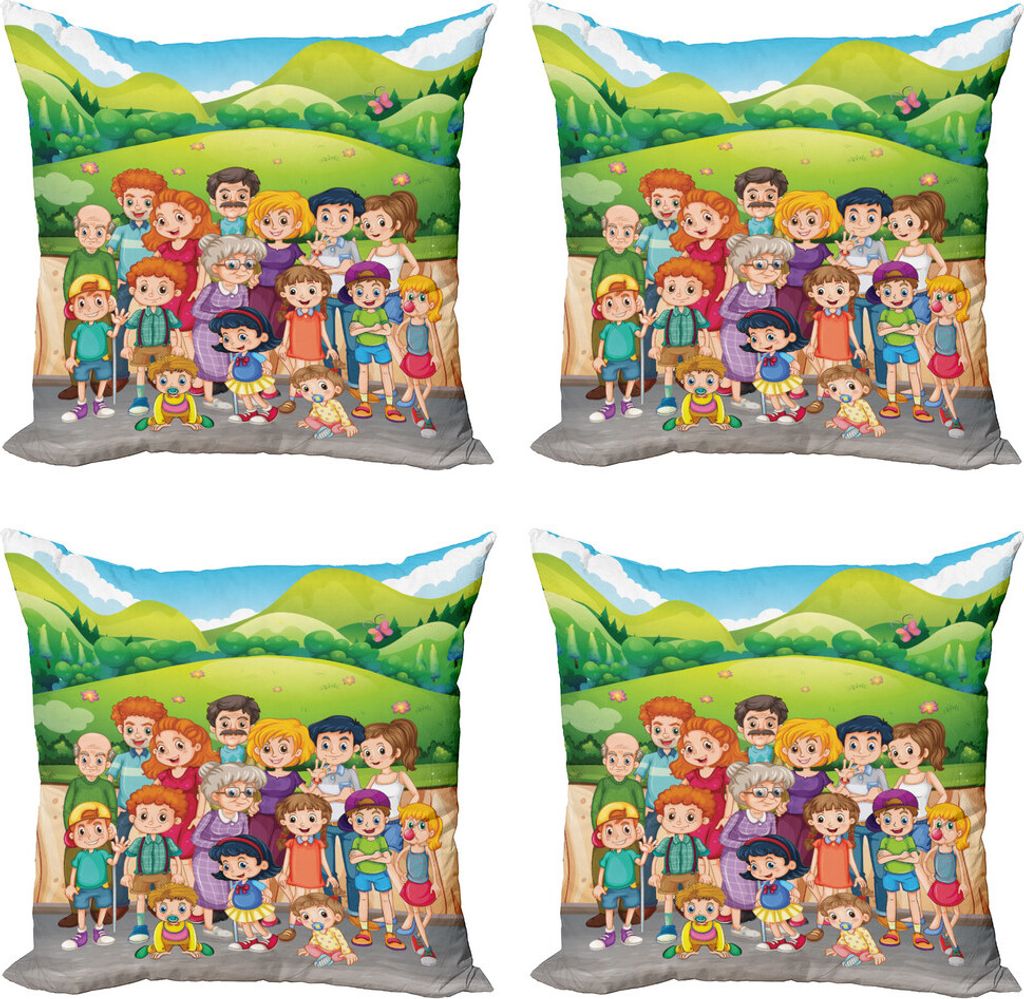 ABAKUHAUS Familie Kissenbezug Set (4 Stück), Cartoon-Stil-Familien-Foto, Moderner Doppelseitiger Digitaldruck, 50 cm x 50 cm, Mehrfarbig