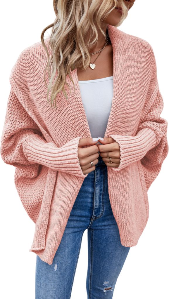 ASKSA Damen Cardigan Pullover Grob Gestrickt Wickel Fledermausaermel Vorne Offen Oberbekleidung, Rosa, XL