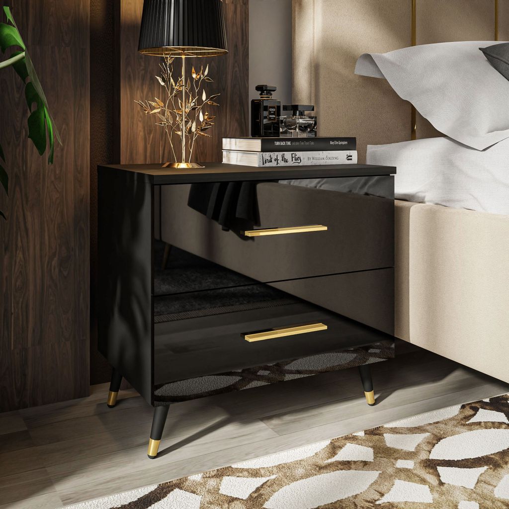 Nachttisch AURA Griffe auf Schwarz - Gold Beinen, Schwarz / Schwarz hochglanz