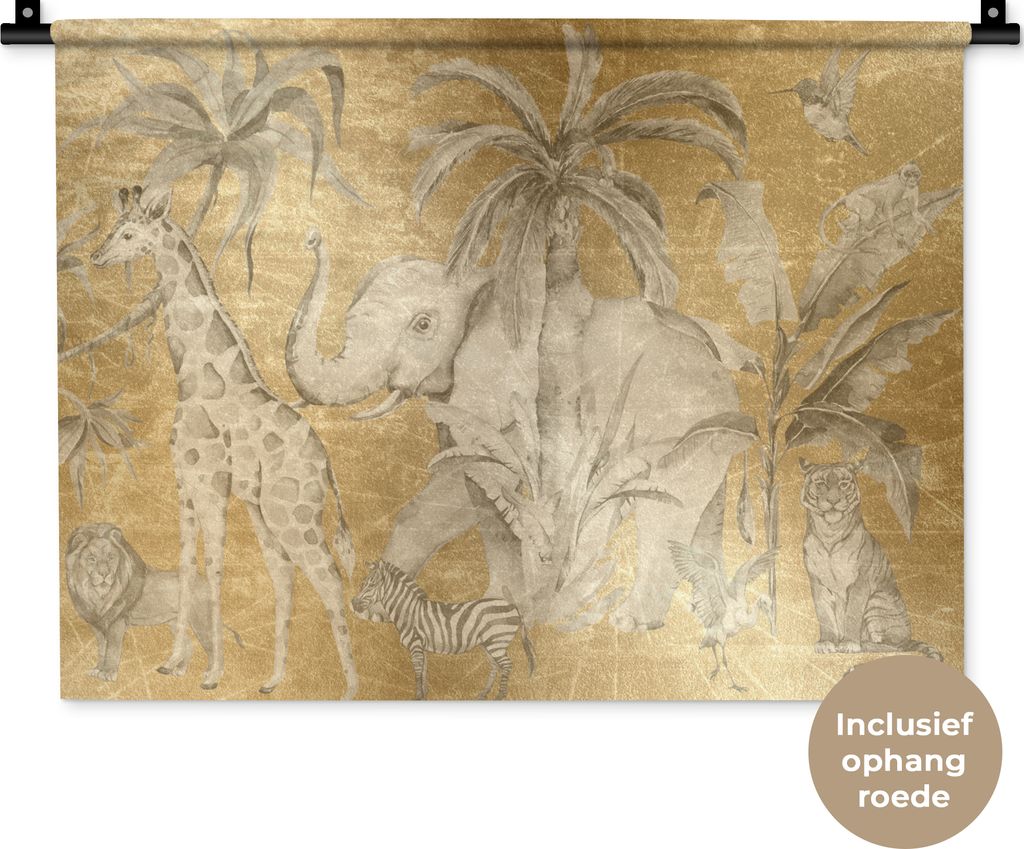MuchoWow Wandteppich Wandbehang Dschungel - Kinder - Gold - Tiere 60x45 cm Tapisserie Dekoration Wandtuch - Das Schlafzimmer