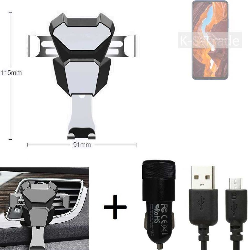 K-S-Trade KFZ Halterung kompatibel mit Wiko 10 Halterung Lüftungshalterung Lüftungsschlitz schwarz-silber Autohalterung Handy inkl. KFZ Ladegerät