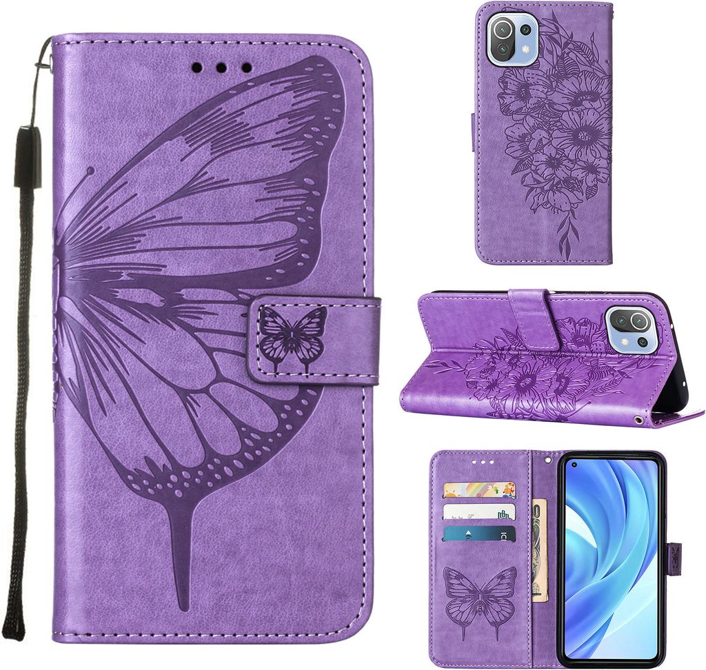 Xiaomi Mi 11 Lite Hülle, Schmetterling Prägung Flip Leder Kartenfächer Schutzhülle Ledertasche mit Ständer für Xiaomi Mi 11 Lite Violett