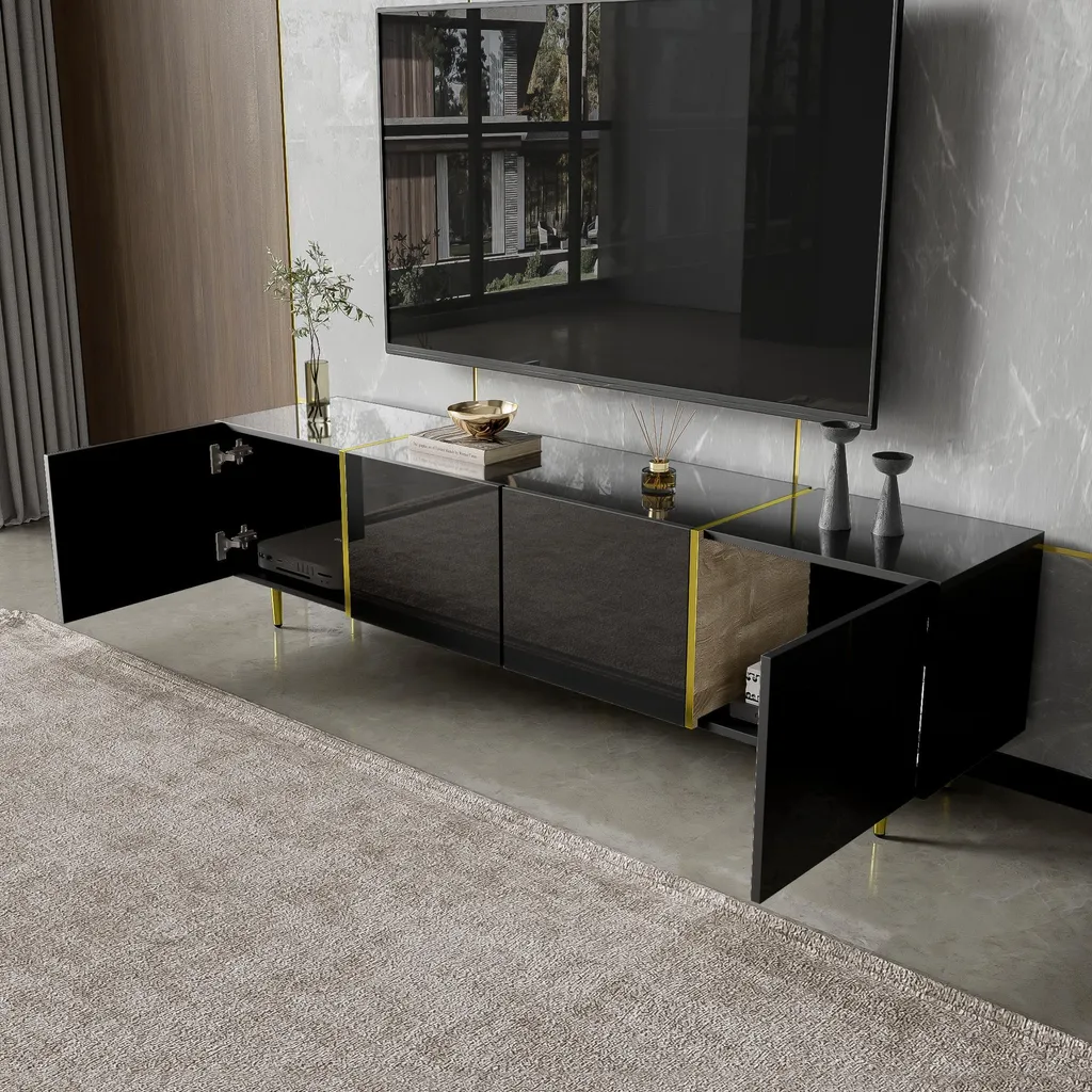 Banc TV moderne de 170 cm en MDF noir et doré, buffet bas de salon