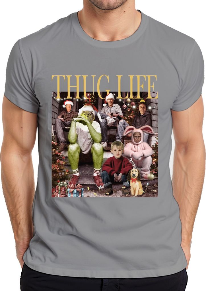 Thug Life Grinch Kevin Allein Zuhause - Weihnachten Christmas Xmas Herren T-Shirt, Grau, L