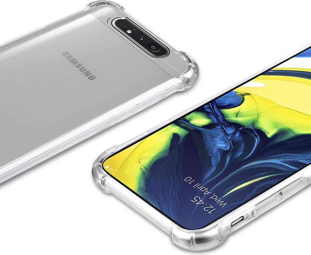 A clear protective case for a Samsung Galaxy A80 phone, shown from two angles.