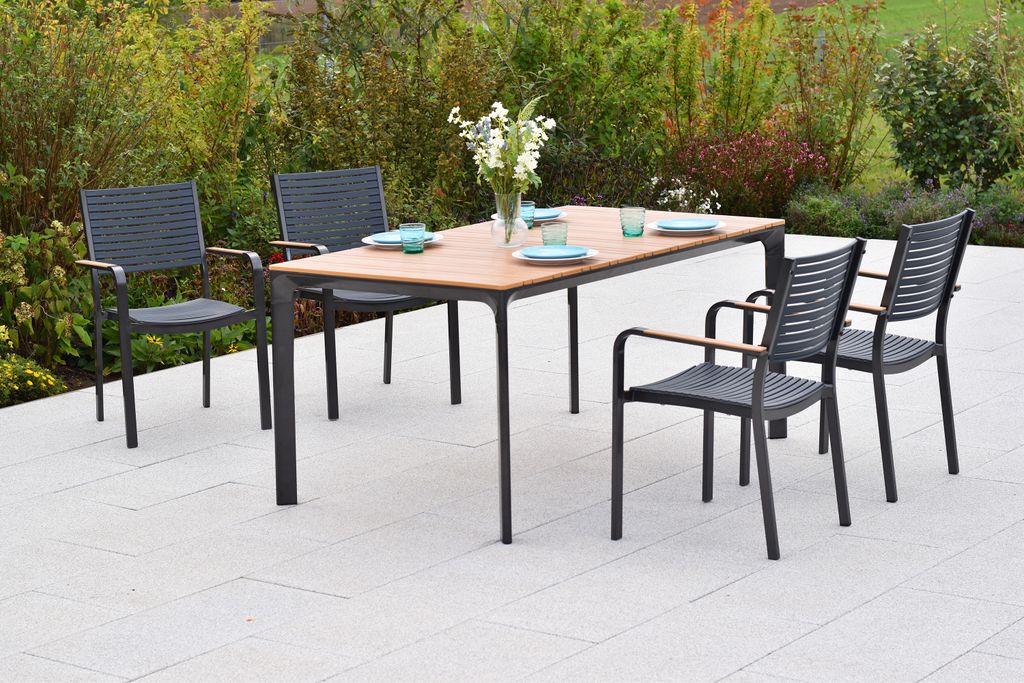Merxx Gartenmöbel Set Paliano 5tlg., 4 Stapelsessel, Tisch 156x90 cm- Stahl/Kunststoff