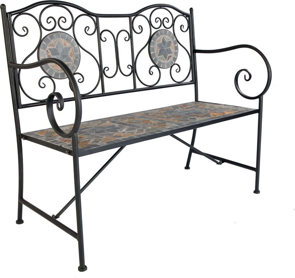 A garden bench with a black metal frame and a mosaic seat and backrest.