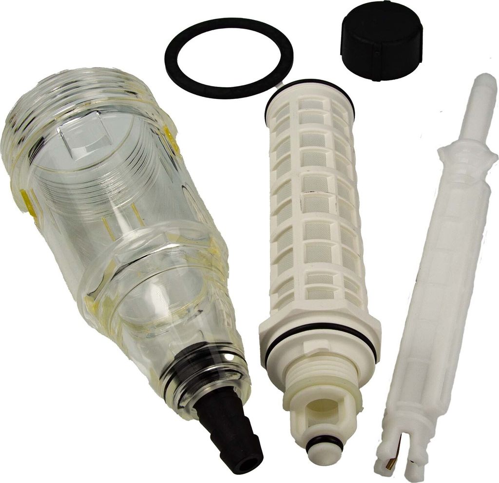 A set of water filter components, including a clear plastic housing, a white filter element, a black O-ring, and a white plastic rod, laid out against a white background.