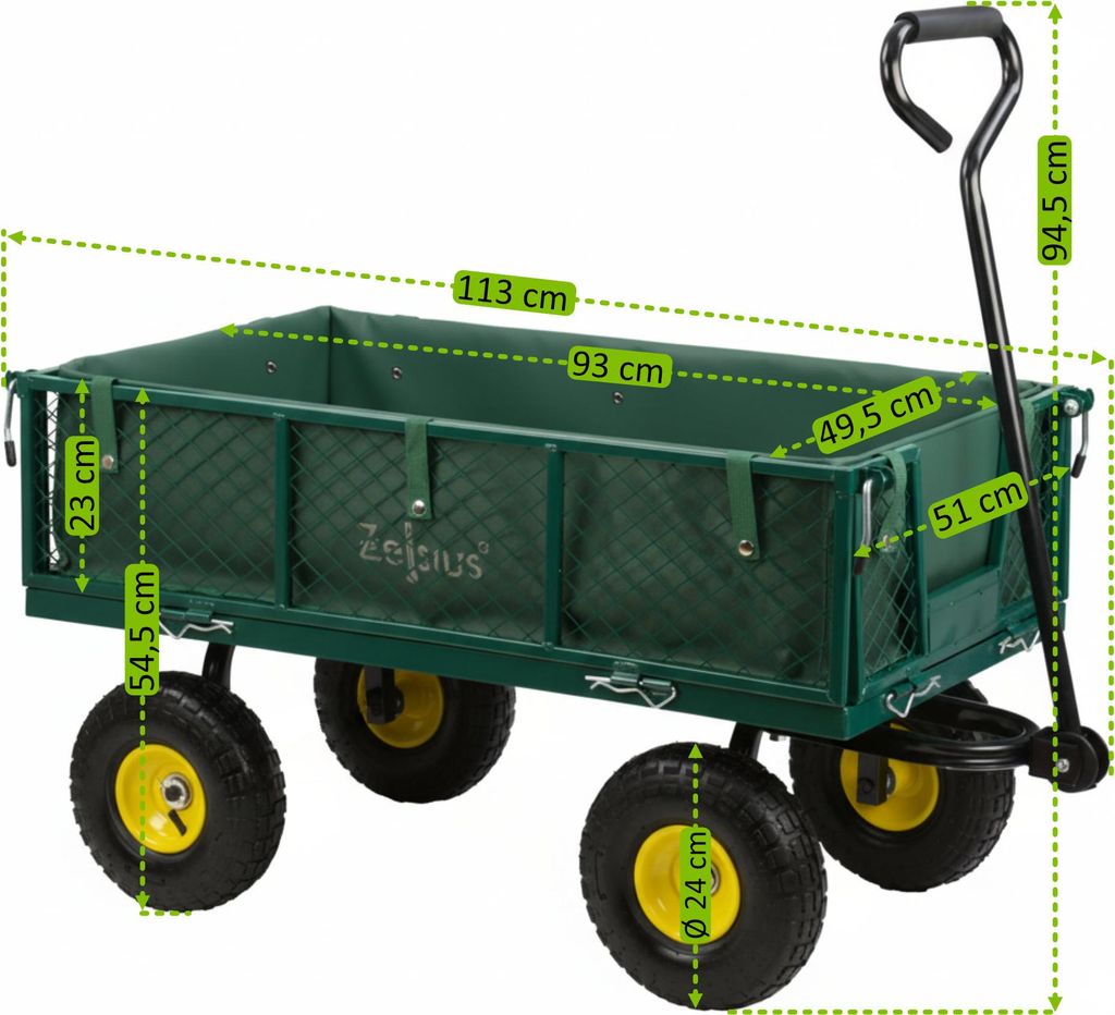 Zelsius Bollerwagen, 350 kg Tragkraft, 105 Liter, Grün/Gelb, Handwagen Luftbereift, Transportwagen
