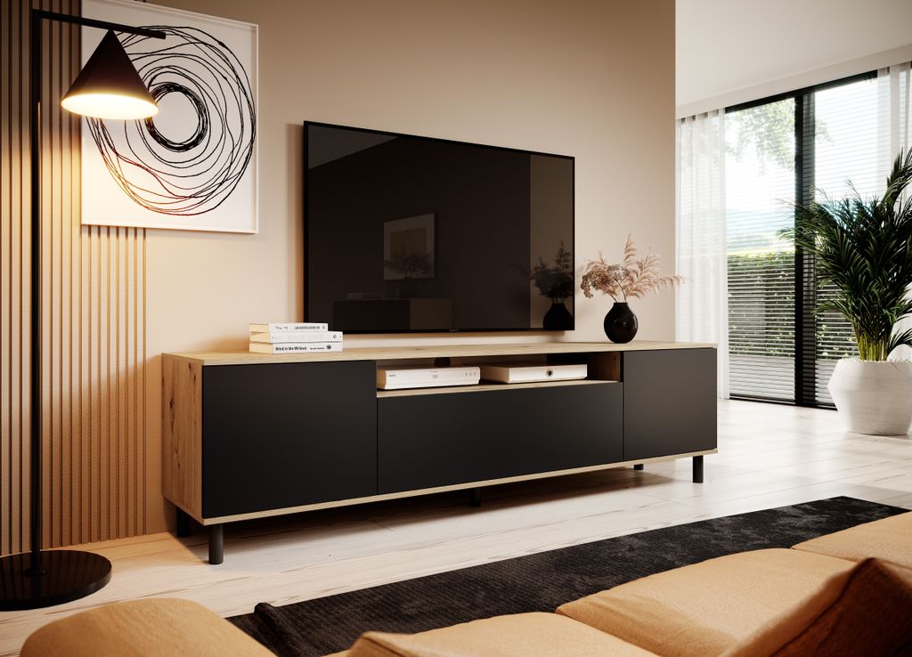 TV-Schrank 200 cm, Fernsehtisch, Lowboard, Artisan/Schwarz Matt, Runde schwarze Metallfüße, Modernes Design, "Masimo"