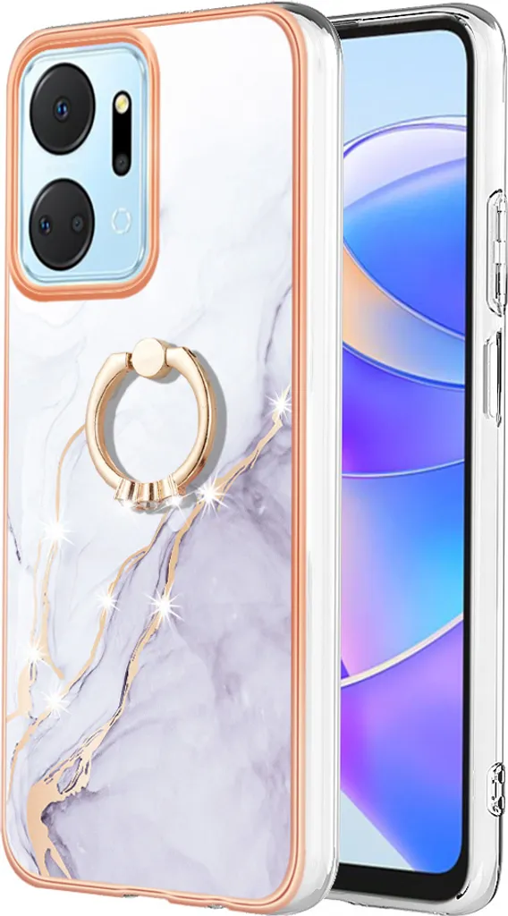 Custodia Honor X7a Antiurto: Cover Silicone Marmo con Ring Oro