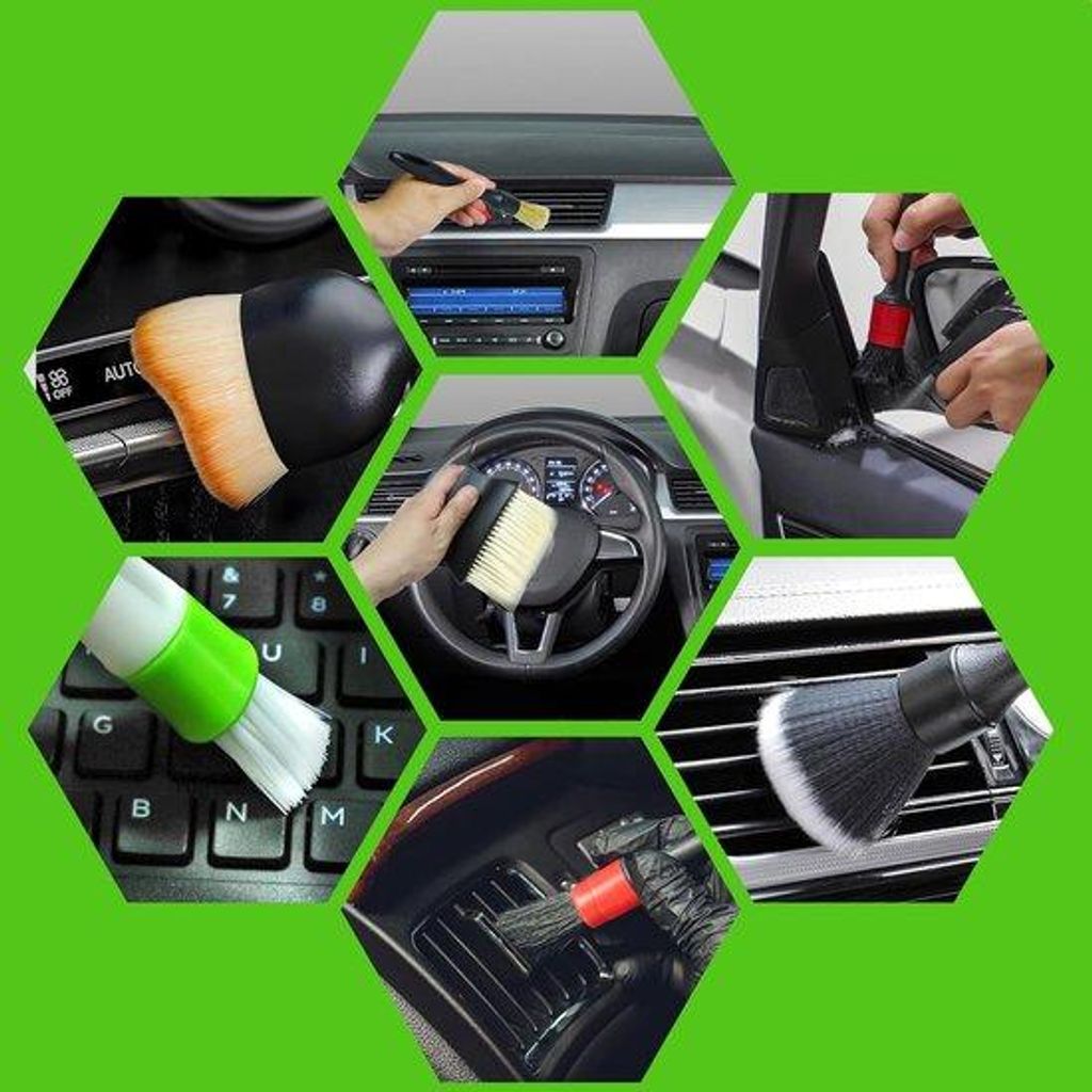 Set aus 11 weichen Innenauto-Reinigungsbürsten. Geeignet für das Reinigen von Lüftungsgittern, Armaturen, Leder, Felgen und Klimaanlagen-Grills.