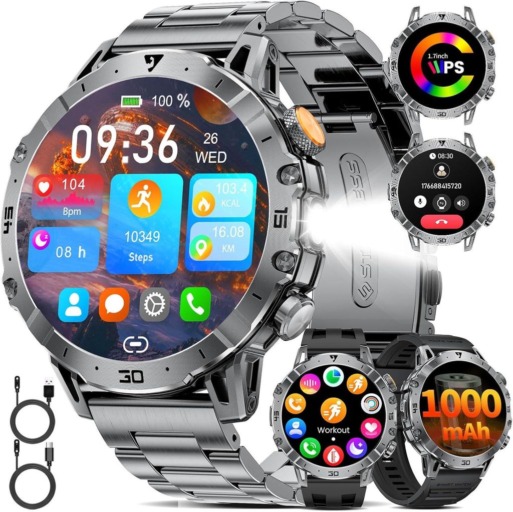 Herren Smartwatch mit Telefonfunktion, 1000 mAh Akku, 1,7 Zoll HD Display, LED-Taschenlampe, 110+ Sportmodi, IP68