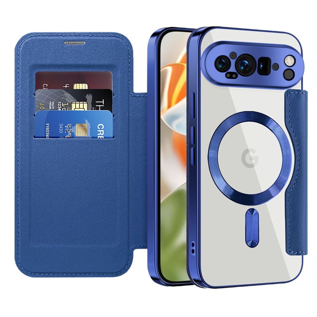 Klapphülle für Google Pixel 9 Pro Kompatibel mit Magsafe, Klar Überzug Kartenhalter Ledertasche mit Kameraschutz Blau