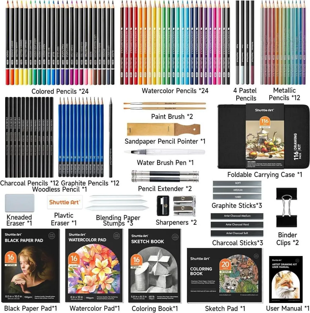 Coffret de dessin multi-techniques 116 pièces : graphite et aquarelle