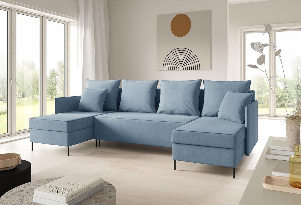 LIKMA Hellblau Ecksofa ZAVO U-Form 286x142 cm mit Schlaffunktion (274x140 cm) Eckcouch mit 3 Bettkasten und Füßen Wohnlandschaft