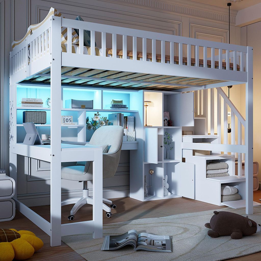 Merax Etagenbett Hochbett 140x200 cm, mit LED-Leuchten, Schreibtisch, Regalen, Stauraumleiter, Kinderbett aus Holz, Stockbett, Jugendbett, Natur