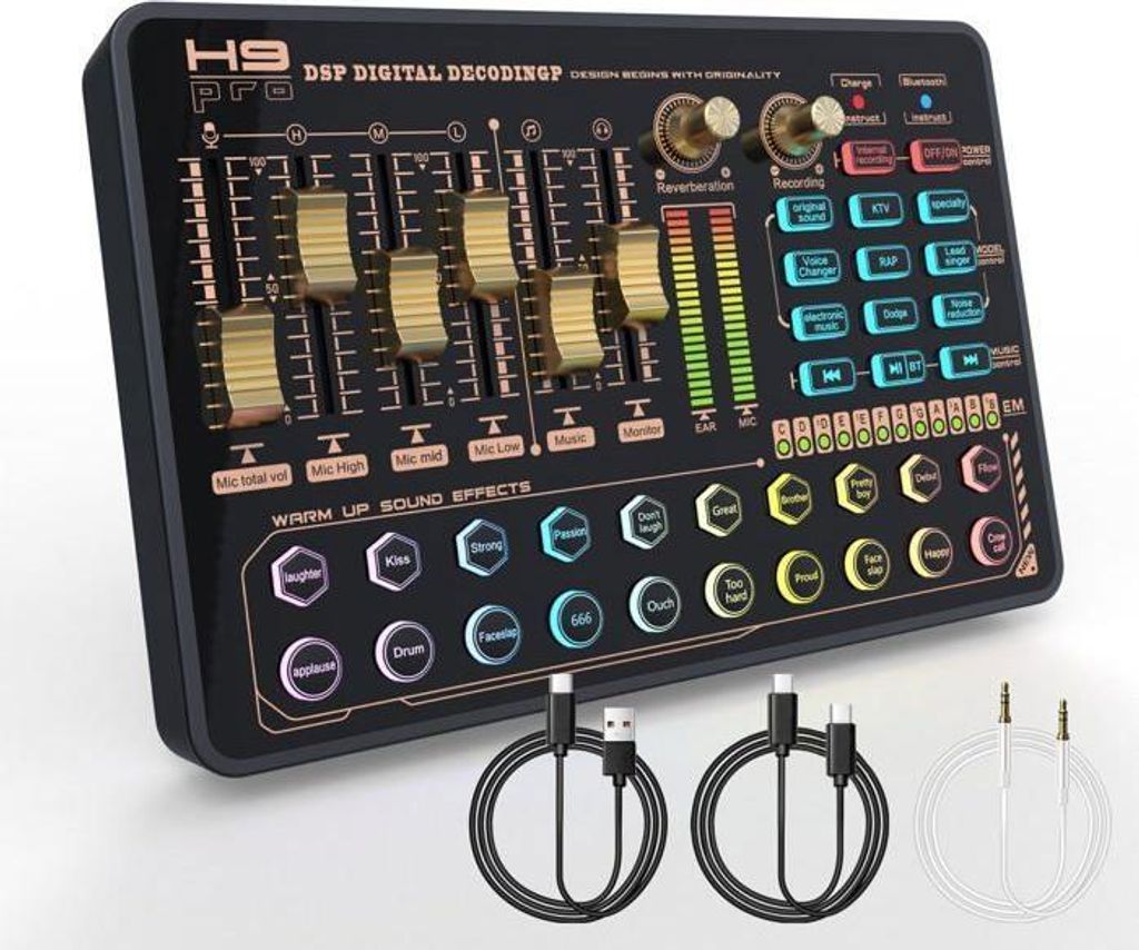 DJ-Mixer mit Soundkarte, Todeco Tragbarer Bluetooth-Audiomixer-Controller für Podcast-Produktionsstudios mit Effekten