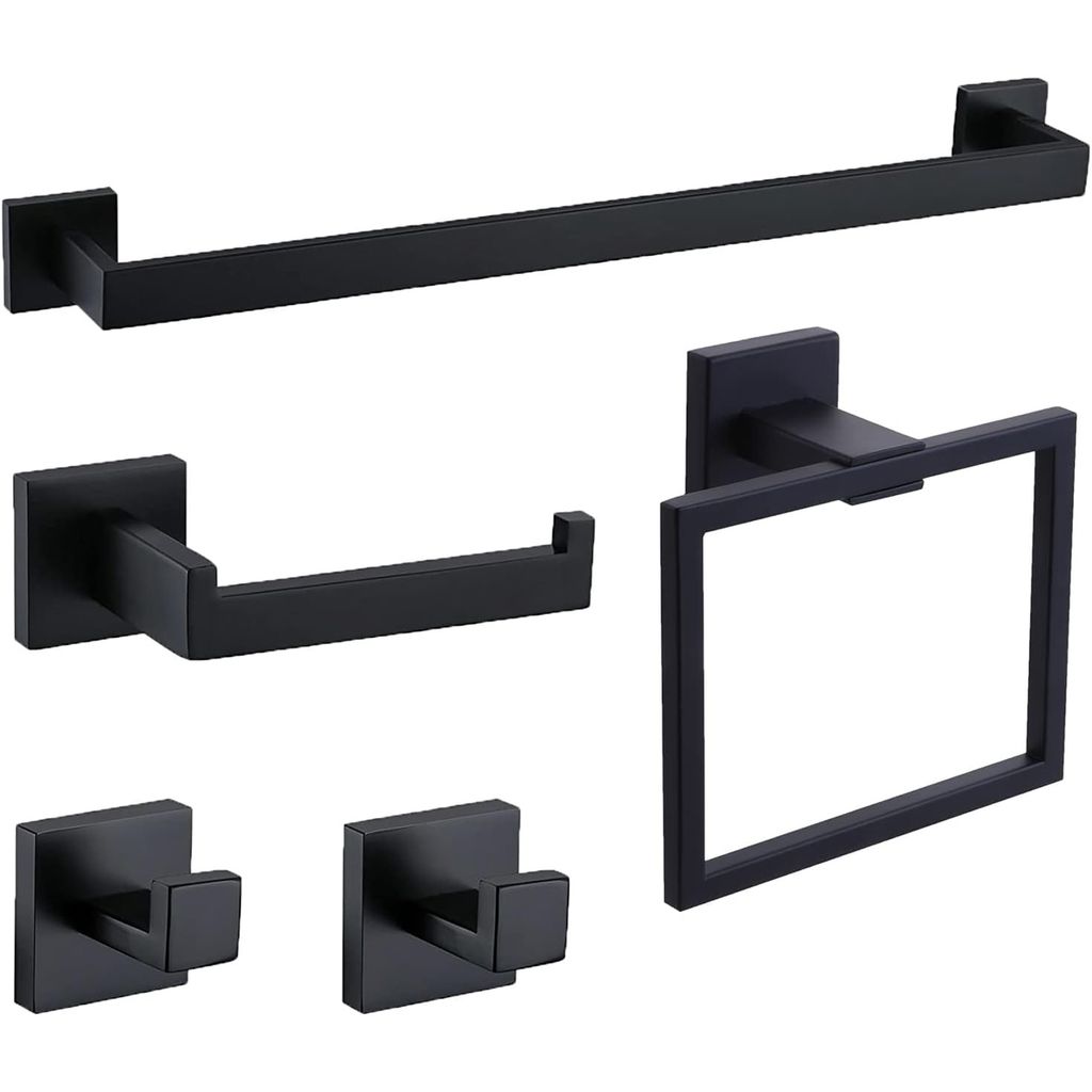 5 teiliges Edelstahl Badezimmer mit Papierrollenhalter,Handtuchring,Handtuchhalter und 2er Handtuchhaken, schwarz