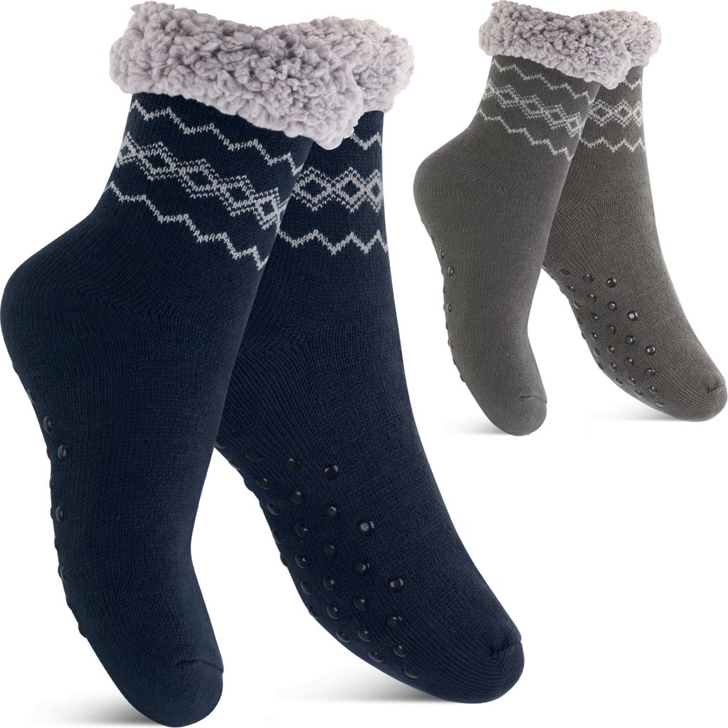 Footstar Damen und Herren Winter Haussocken (2 Paar) Kuschelsocken - Anthra-Navy 35-38