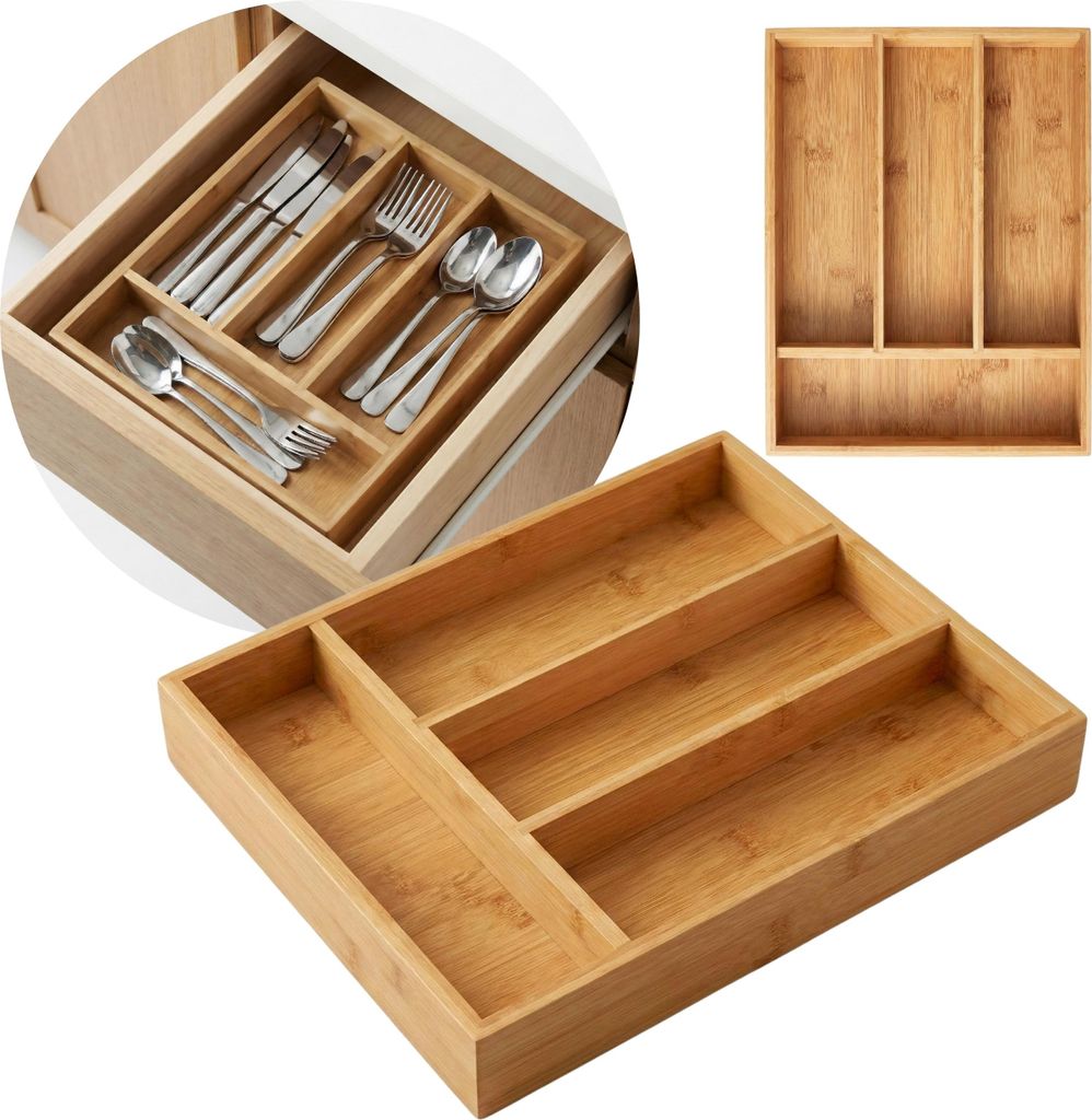 Bambus-Besteckhalter 34 × 25 × 4,5 cm für Schubladen, 4 Fächer