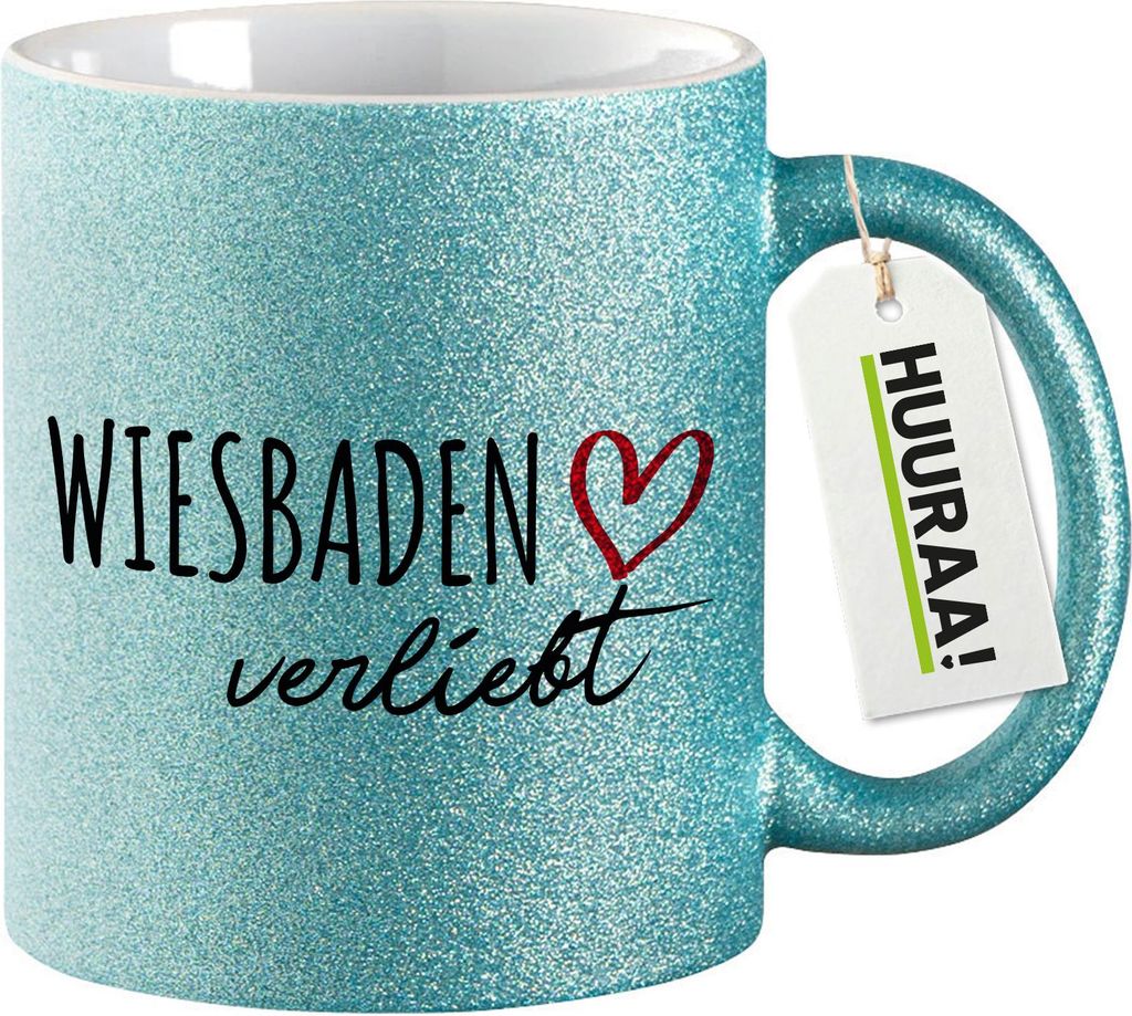 Huuraa Glitzertasse Wiesbaden verliebt 330ml Blau Keramik Kaffeebecher Geschenkidee