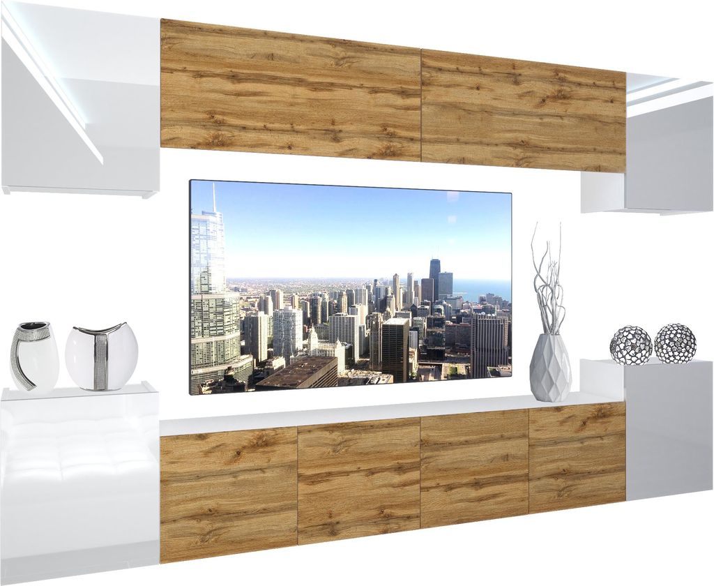BELINI Wohnwand Vollausstattung Wohnzimmer-Set Moderne Schrankwand mit LED-Beleuchtung Weiß Glänzend Anbauwand TV-Schrank Weiß / Eiche Wotan Gl...