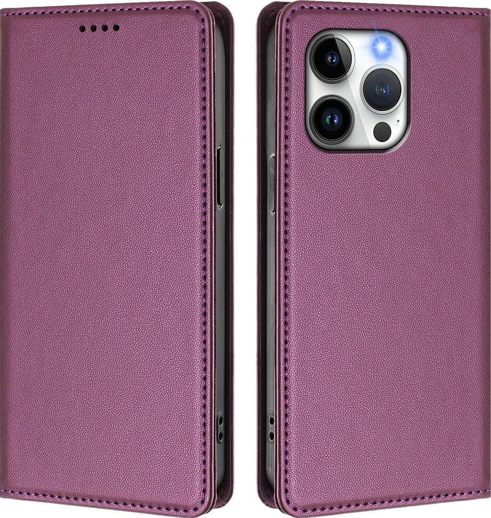 Handyhülle für iPhone 13 Pro, Kunstleder Klapphülle Stoßfeste Magnetische Hülle mit Ständer Lila