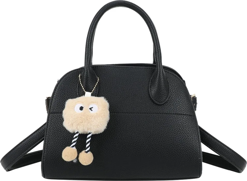 Petit Sac à Bandoulière Noir Grainé avec Pendentif Peluche Doux Gallantry
