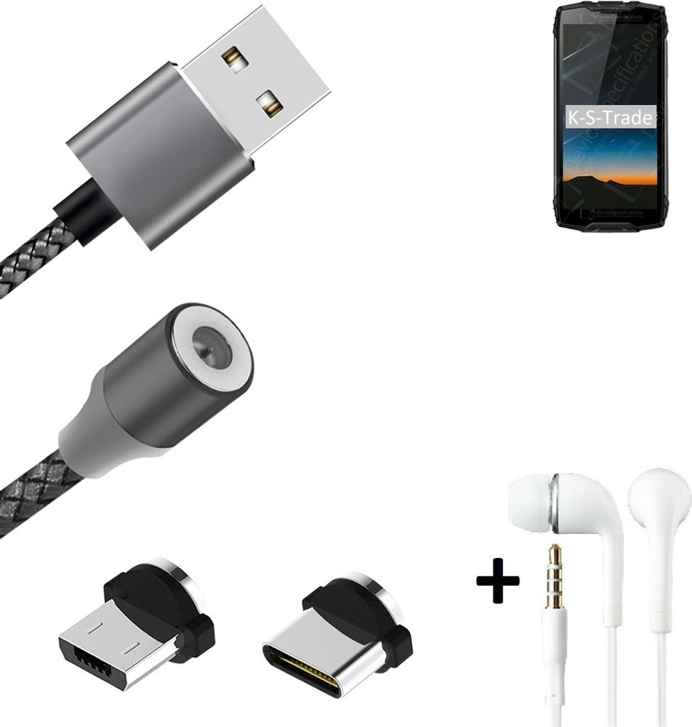 K-S-Trade Hochwertiges Magnet-Lade-kabel Sync-Kabel Daten-Kabel + Kopfhörer kompatibel mit Blackview BV6800 Pro mit USB-Typ-C-Anschluss und