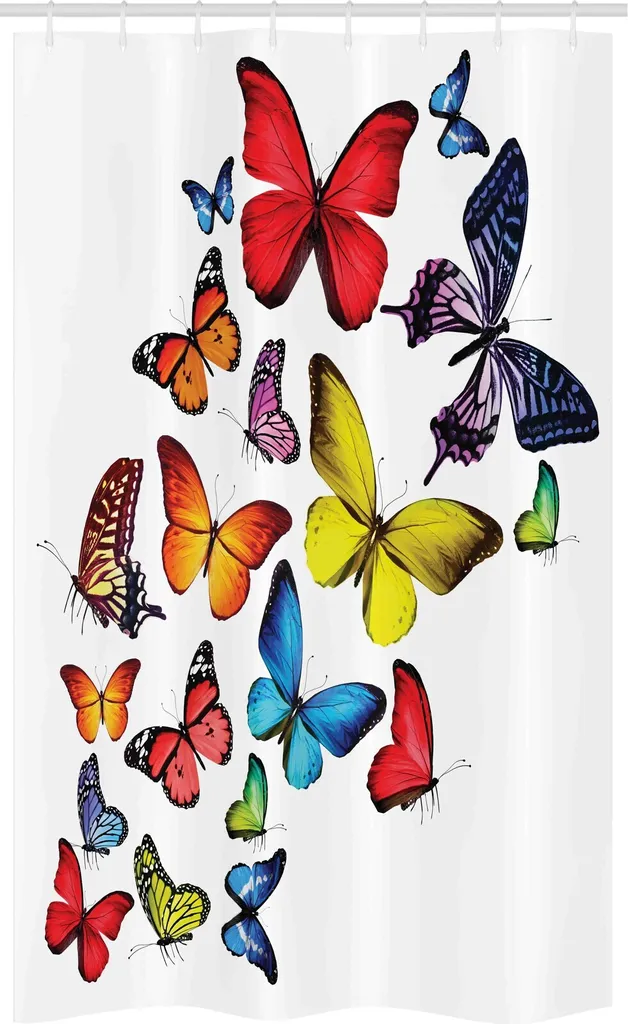 ABAKUHAUS Tenda da doccia stretta con motivo a farfalle, Joy Wildblumen Wandern, set decorativo per bagno in tessuto con ganci, 120 x 180 cm, multicolore