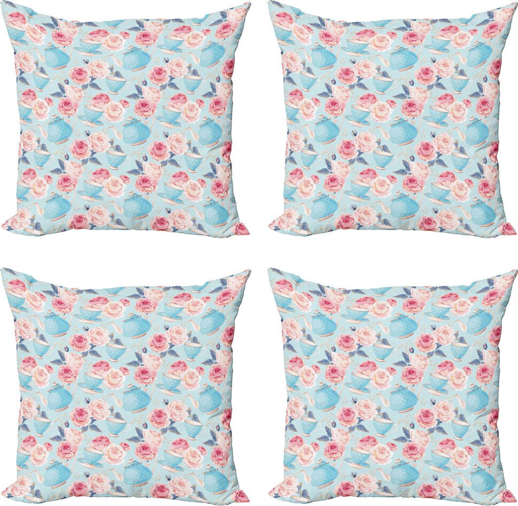 ABAKUHAUS Jahrgang Kissenbezug Set (4 Stück), Blumen-Rosen-Teekanne, Moderner Doppelseitiger Digitaldruck, 40 cm x 40 cm, Baby Blue und Blassrosa