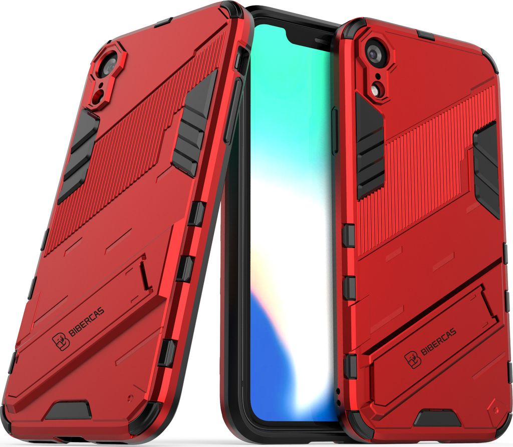 LaimTop Armor Hülle für iPhone XR, Hybrid PC TPU Bumper Stoßfestes Schutzhülle mit Standfunktion für iPhone XR Rot