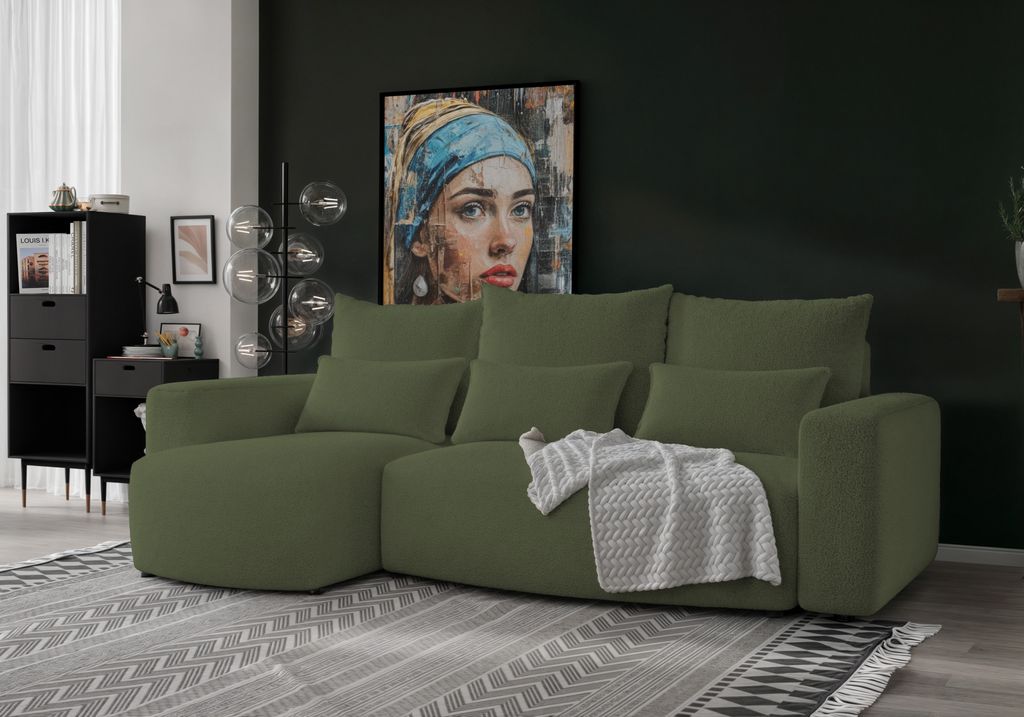 4ALLHOME Ecksofa mit Schlaffunktion Travis, Couch, Sofa mit Bettkasten, Eckcouch, L-Form, Schlaffsofa, Universal, Boucle Centaur 13 Olivengrün