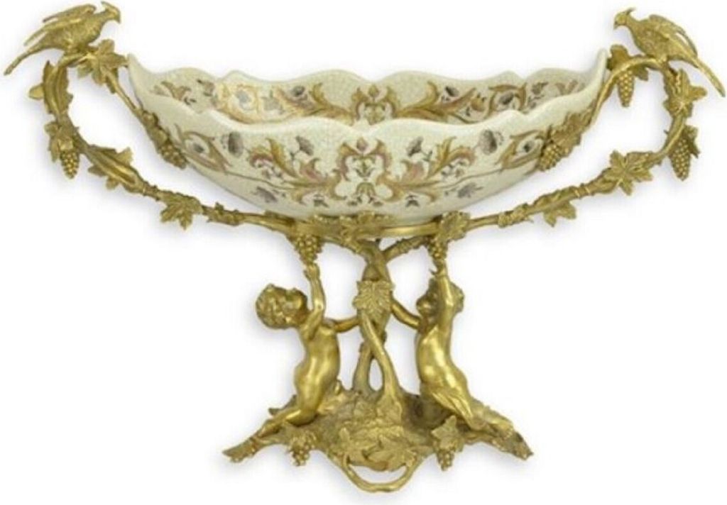 Casa Padrino Jugendstil Deko Schale Creme / Messing 50 x H. 29,5 cm - Porzellan Obstschale