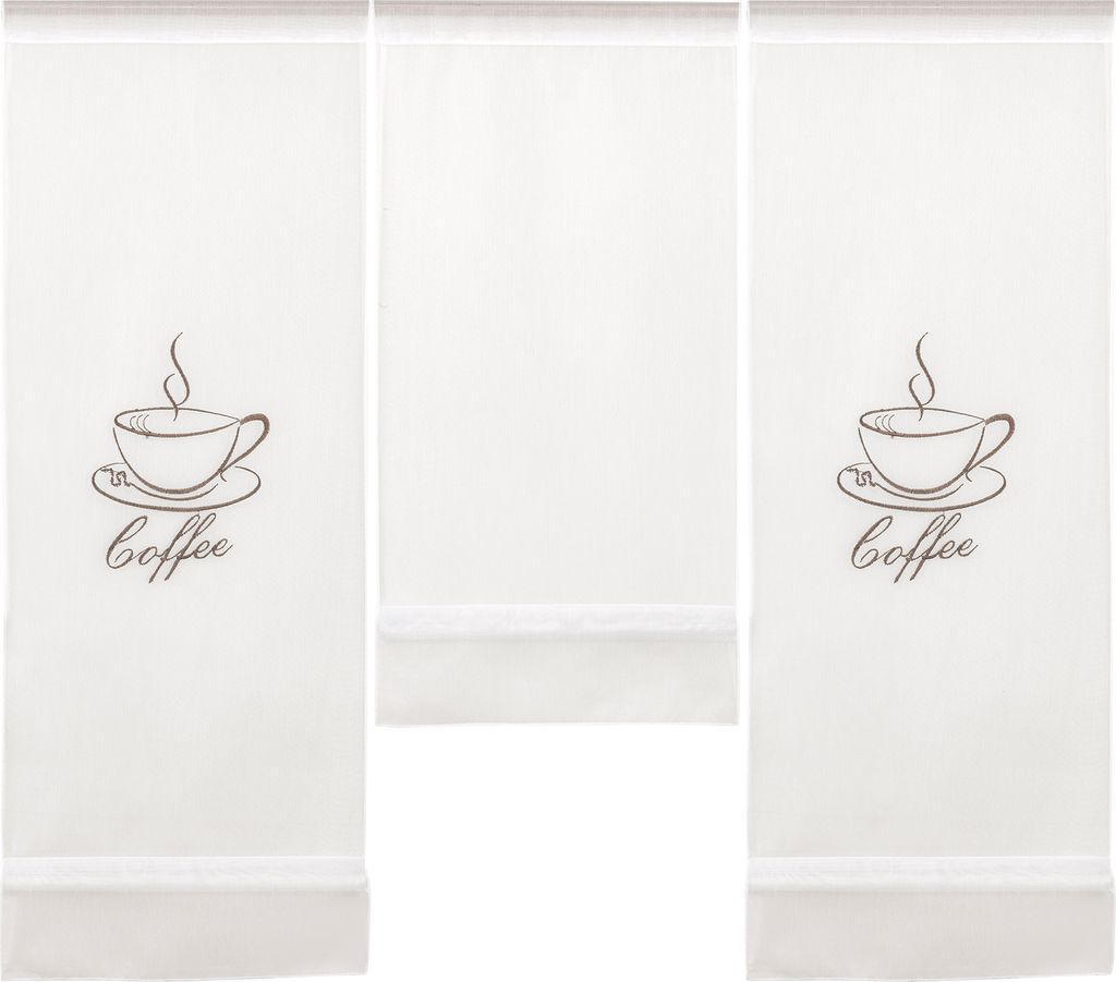 Design Mini Flächenvorhang Set weiß bestickt Kaffee Coffee braun 4057-01