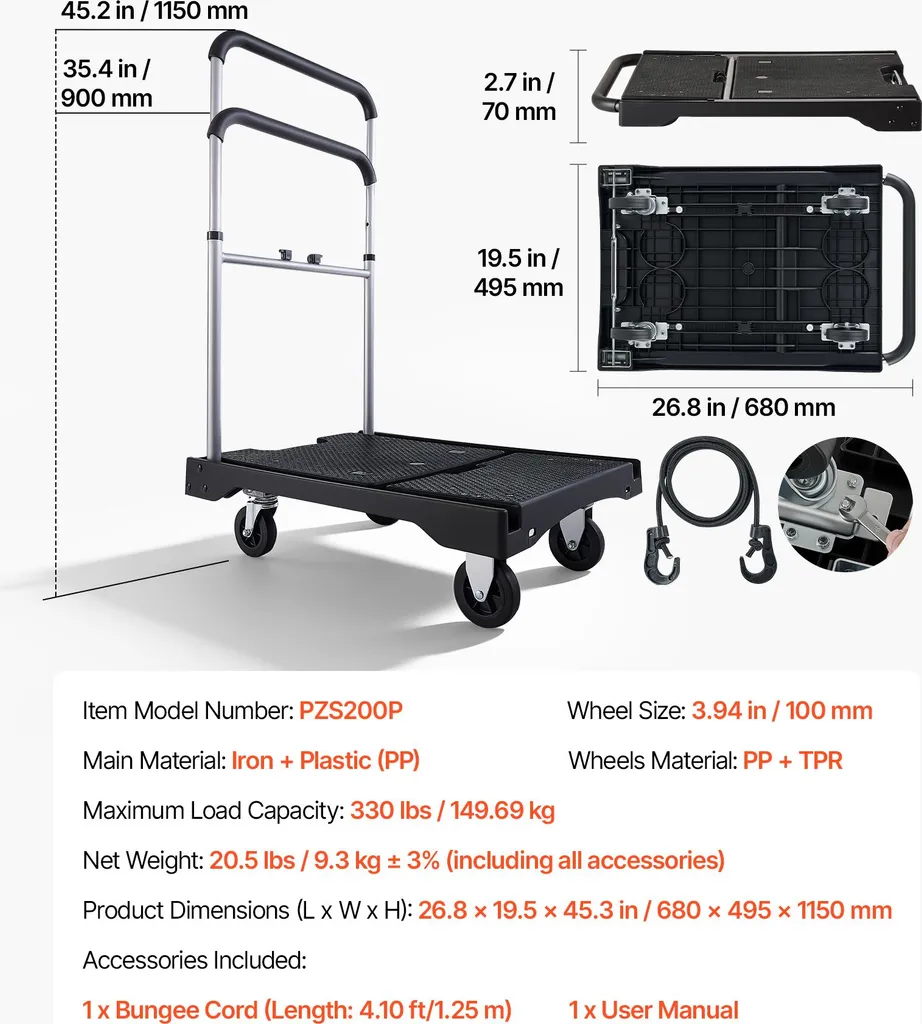 Chariot de Manutention à Main 150 kg avec Surface Antidérapante