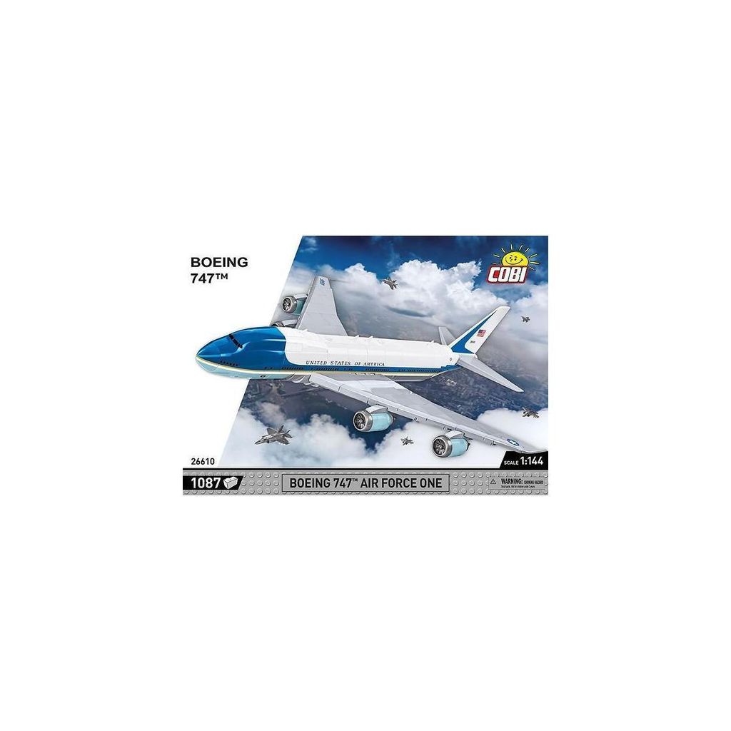 The image shows the packaging of a COBI Boeing 747 Air Force One model kit.