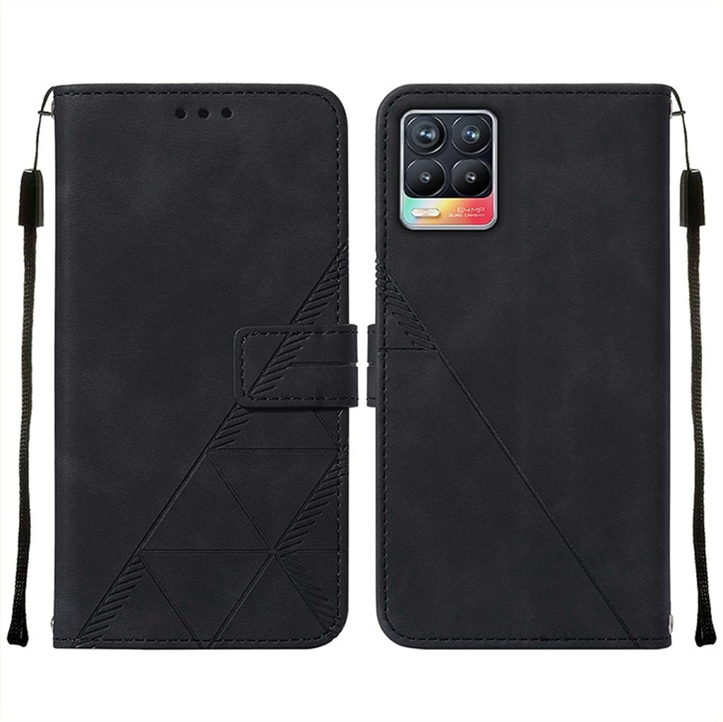 A black flip-style phone case for an OPPO Realme 8 is shown open and closed.
