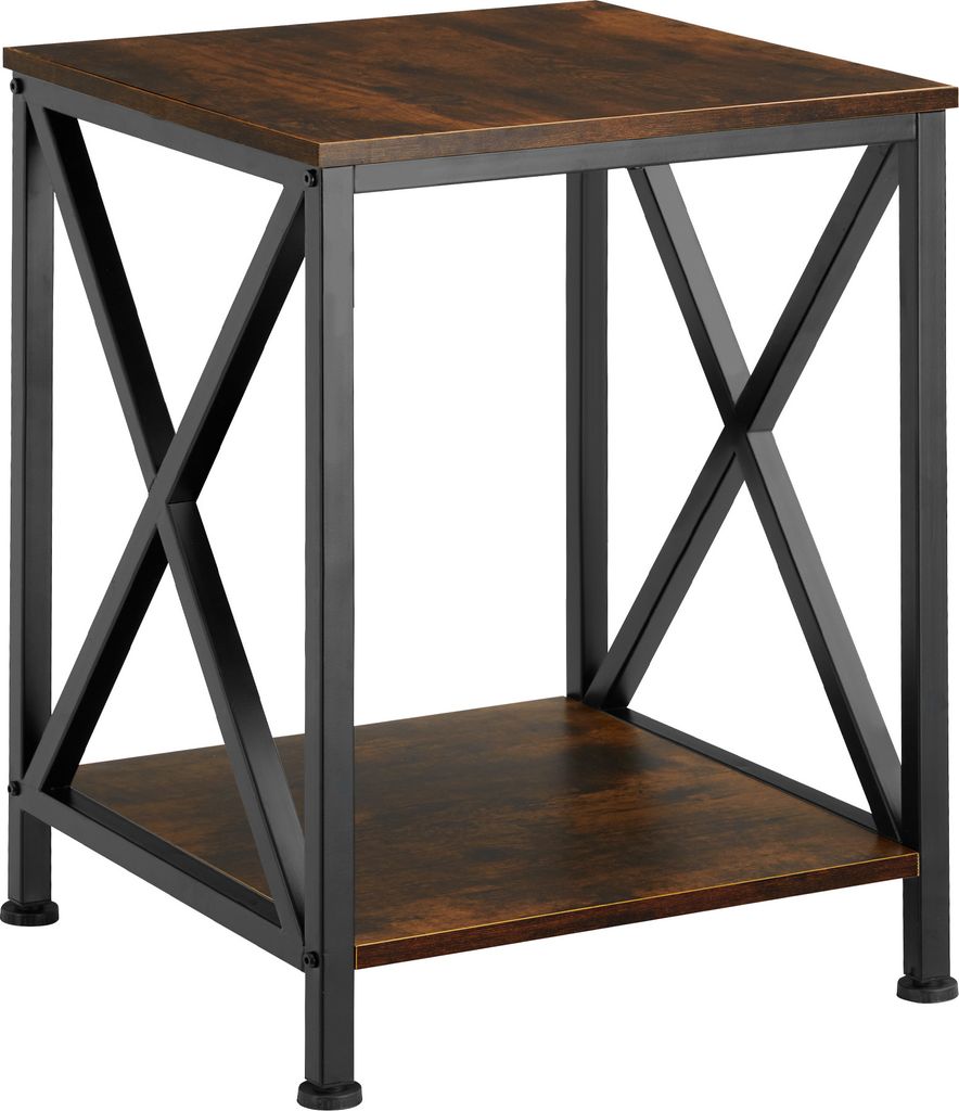 A square end table with a dark wood top and shelf, supported by a black metal frame with X-shaped crossbars.