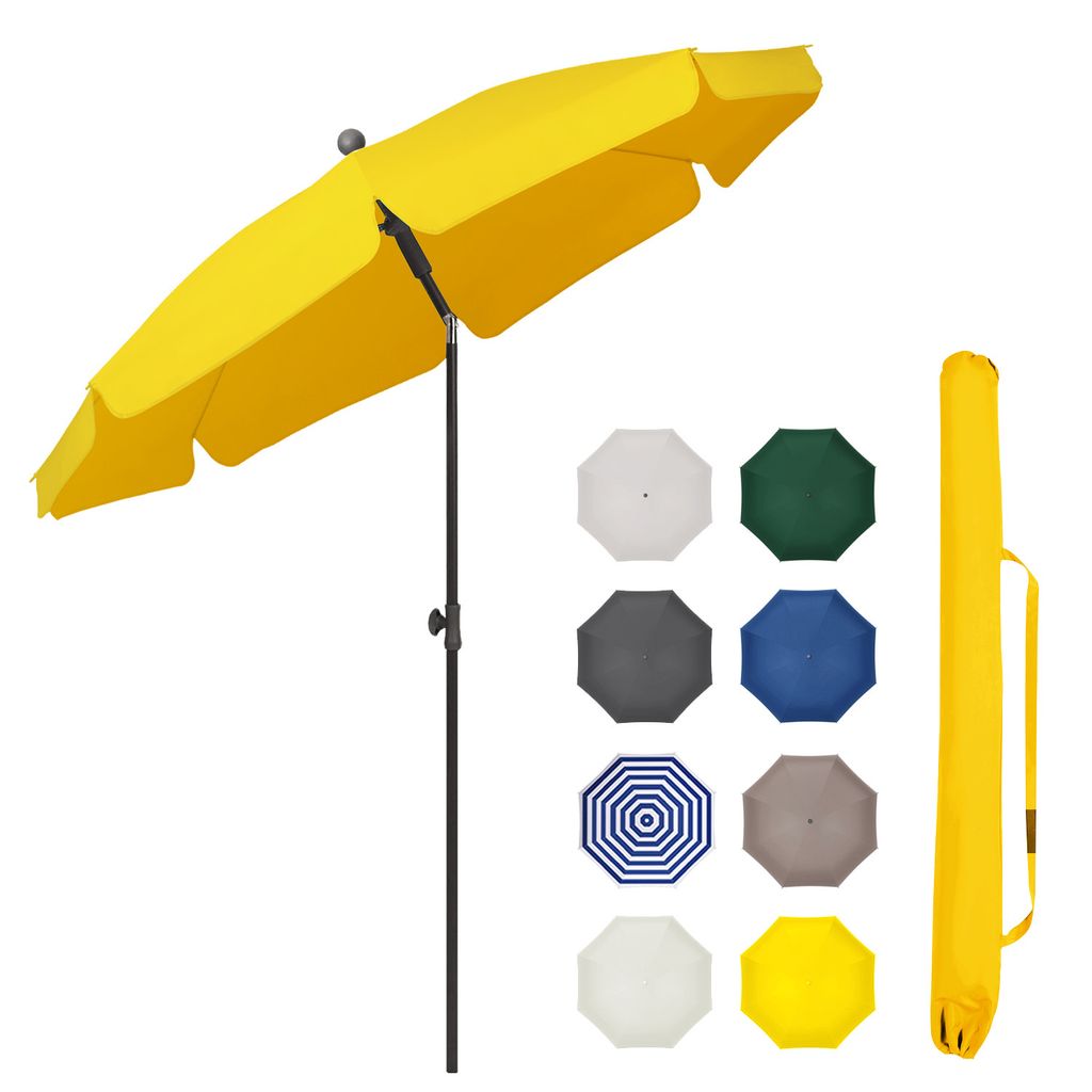 A yellow patio umbrella is shown open, with a black pole. To the right, there are swatches of different colored umbrella fabric options, and a yellow umbrella carrying case.
