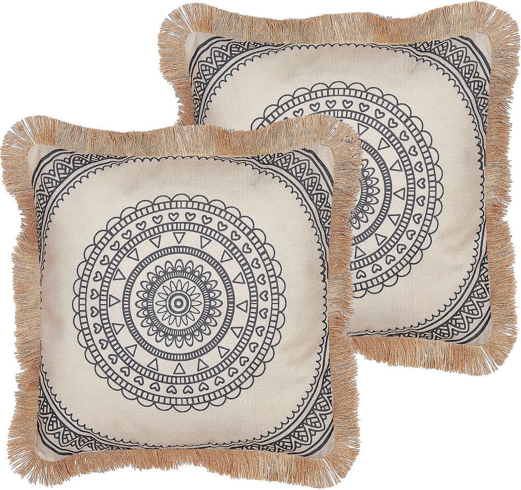 BELIANI Dekokissen 2er Set Beige / Schwarz 45 x 45 cm Quadratisch mit Fransen Orientalisches Muster Boho Modern Wohnaccessoires Deko für Sofa Couch