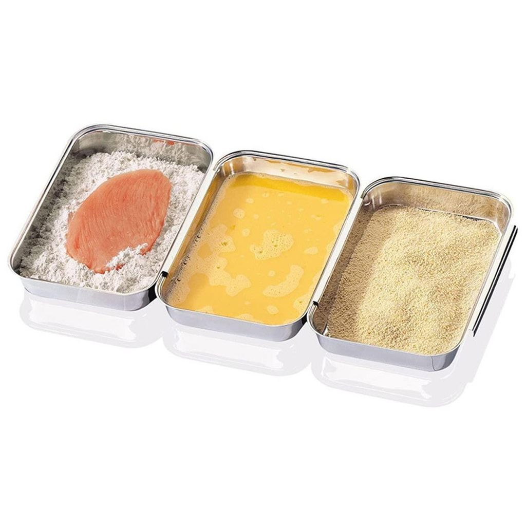 Panier-Set aus Edelstahl, Panier-Set aus Edelstahl 3-teilig, Schale zum Panieren 22x15x3 cm, Schnitzel Fleisch Fisch - Metall Panierstraße rechteckig