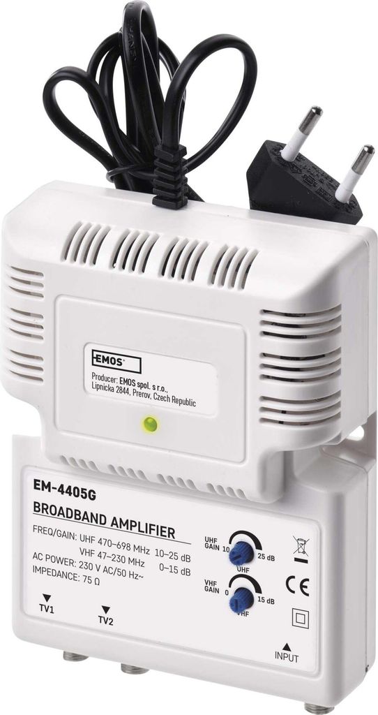 EMOS Breitband-Verstärker 25 dB (Frequenzbereich 47–230, 470–698 MHz) für DVB-T2, Kabelfernsehen, Antennen, 1 Eingang, 2 Ausgänge, J0400