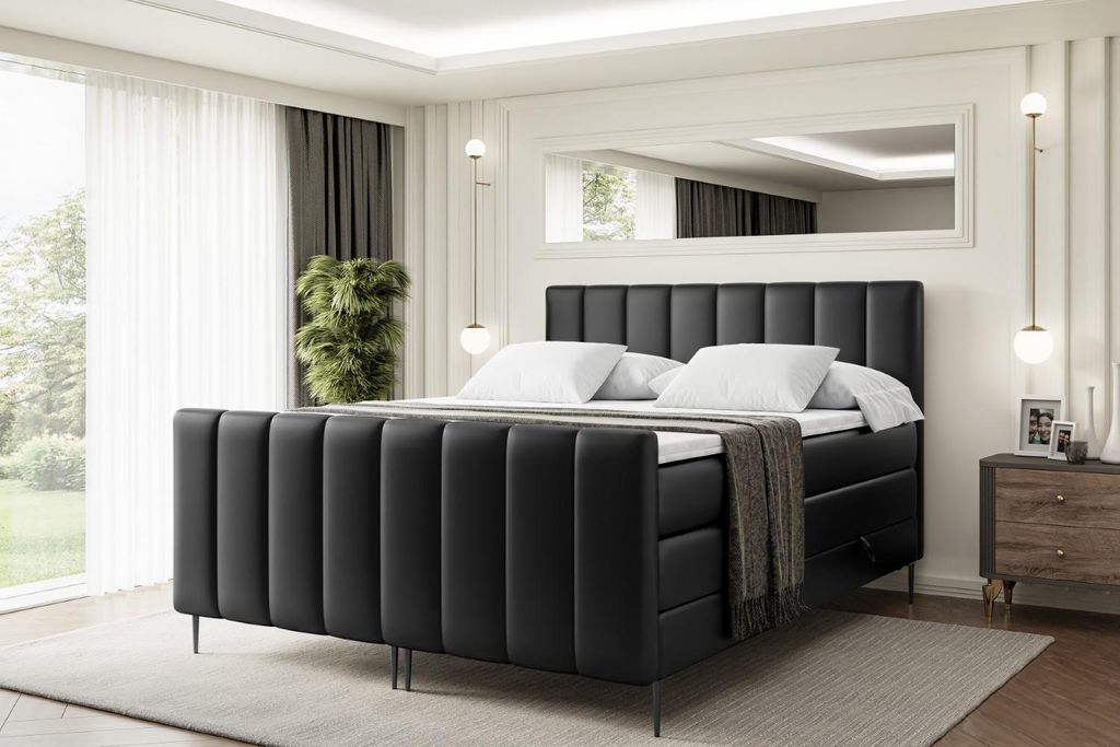 ALTDECOR Boxspringbett mit Schwarz Füßen, Matratze und Lattenrost, Topper, Fußteil, Polsterbett mit Bettkasten, Bett mit Stauraum H3- und H4- Ma...