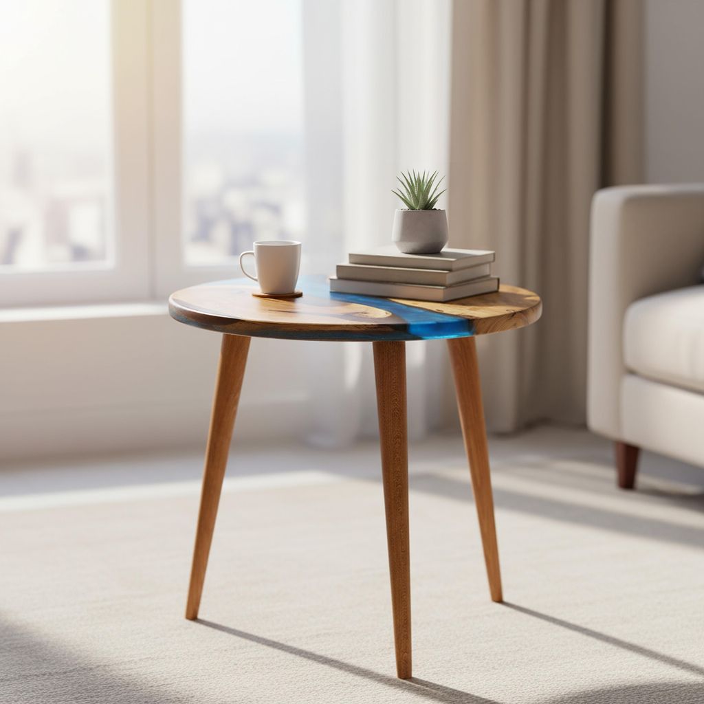 Runder Walnuss-Epoxid-Tisch, Blau Harz,Couchtisch aus Walnussholz, Epoxid-Couchtisch, Wohnzimmermöbel