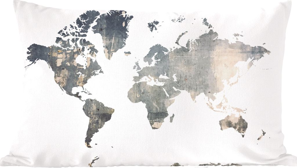 MuchoWow Zierkissen Sofakissen Wohnzimmer Dekokissen 50x30 cm Weltkarte - Blau - Holz - Wohnzimmerdekoration - Polster mit Photo