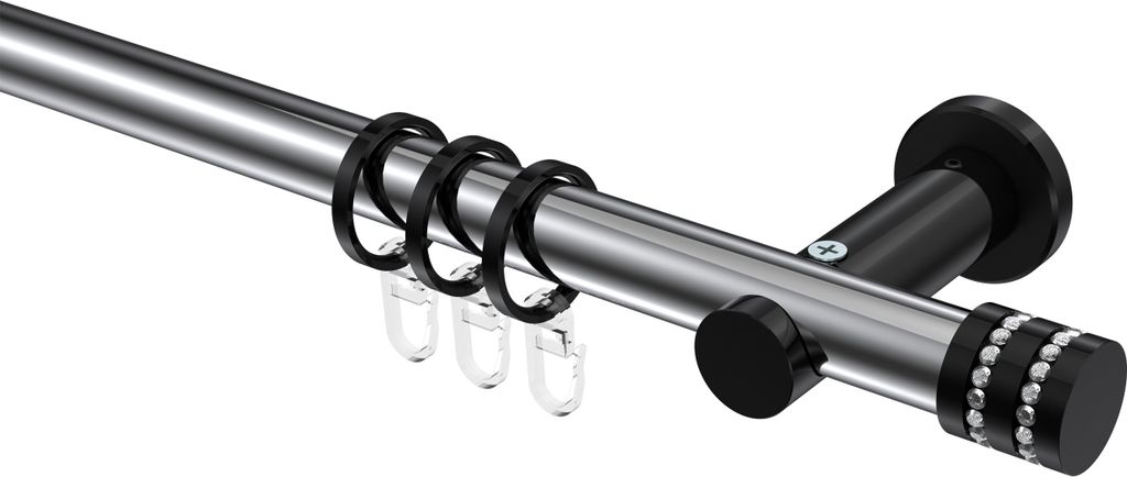 Interdeco Gardinenstange / Vorhangstange Chrom / Schwarz, Typ Platon Estana (Glitzerkappe), 20 mm Ø 1-läufig, 360 cm