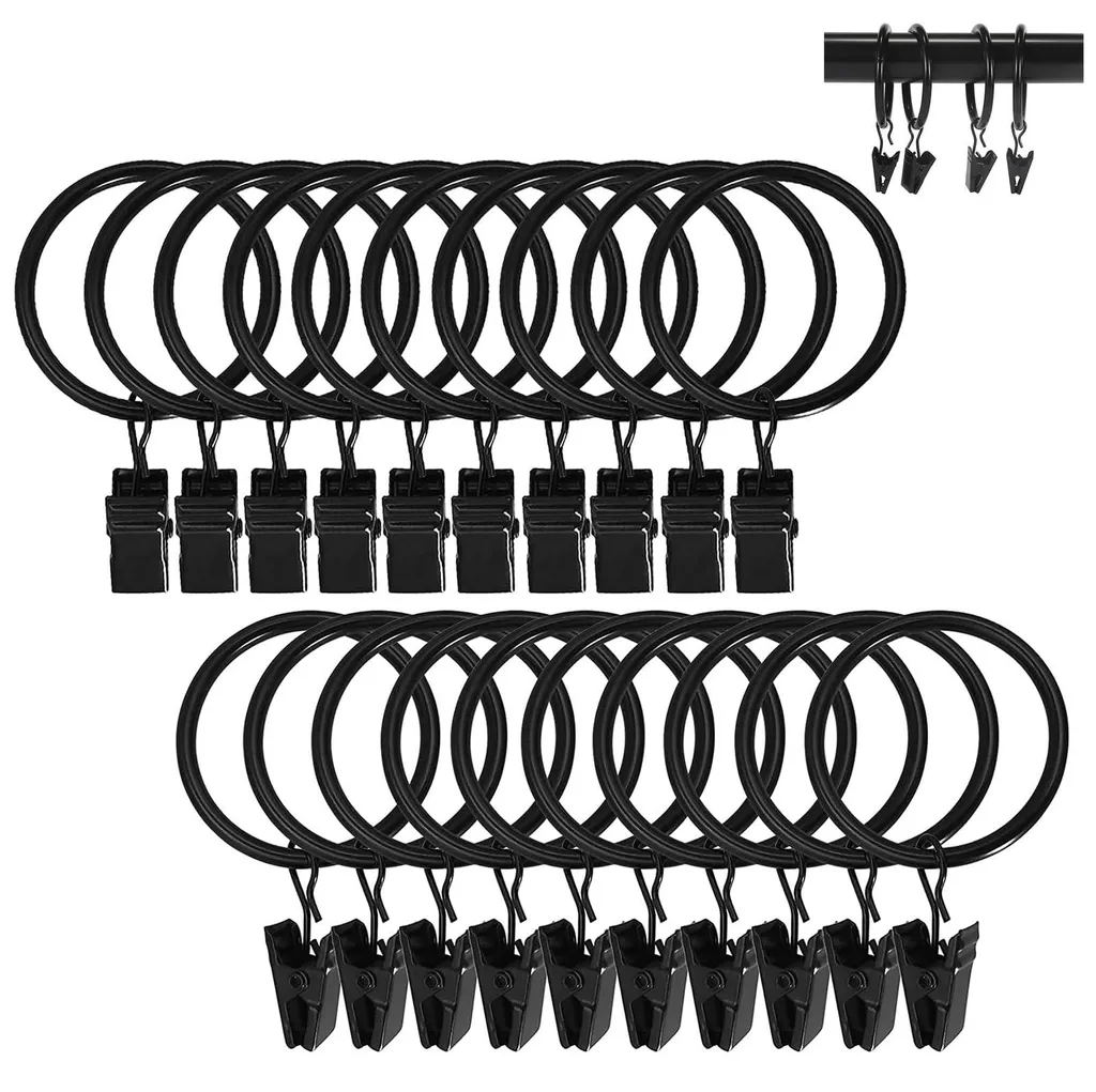 Anneaux rideaux de douche et salon en métal avec clips noirs Ø 32 mm