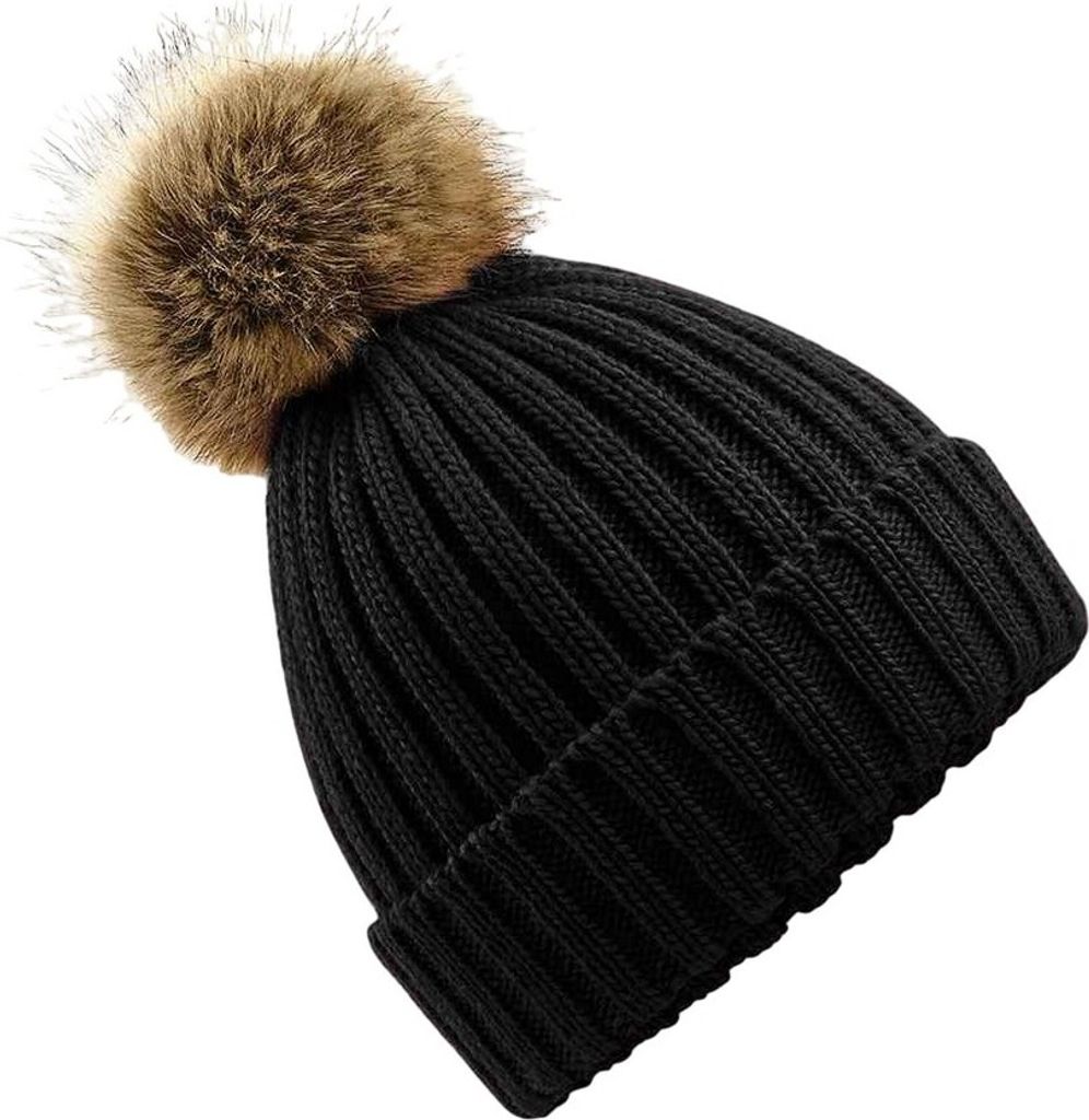 Beechfield Uni Chunky Beanie Mütze mit Kunstfell-Bommel PC3344 (Einheitsgröße) (Schwarz)